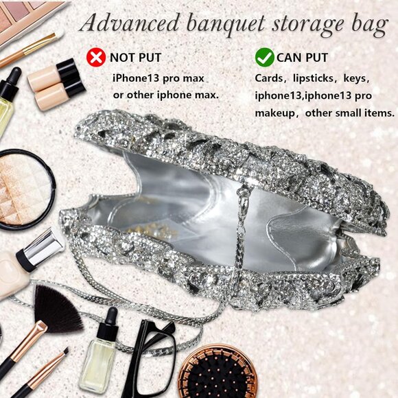 ⚡ Women's Rhinestone Sparkly Handmade Glitter Diamond Flower Silver Clutch Bag - Picture 3 of 6